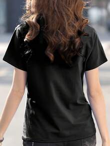 Women's Casual Summer Short-Sleeved T-Shirt With Planet And Moon Print, Round Neck: Ideal For Everyday Wear And Holidays. - 黑色 - 查看 2