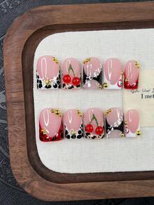 10pcs Y2K Nails Square Press On Nails Set - Handcrafted, Pink Nails, Black Nails, Red And White French Tip Nails, Handmade 3D Cherry And 3D Billiards Nails Art, Hand Drawn Black Polka Dot And Leopard Print Design, Aesthetic - Multicolor - View 1