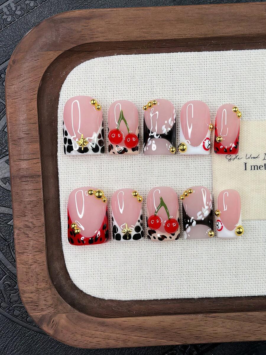 10pcs Y2K Nails Square Press On Nails Set - Handcrafted, Pink Nails, Black Nails, Red And White French Tip Nails, Handmade 3D Cherry And 3D Billiards Nails Art, Hand Drawn Black Polka Dot And Leopard Print Design, Aesthetic - Multicolor - View 1