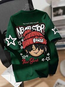 1 Urban Hip-Hop Style Short-Sleeved T-Shirt For Kids, Featuring A "NEVER STOP" Graffiti Print, Essential For Everyday School Wear. - Green - View 1