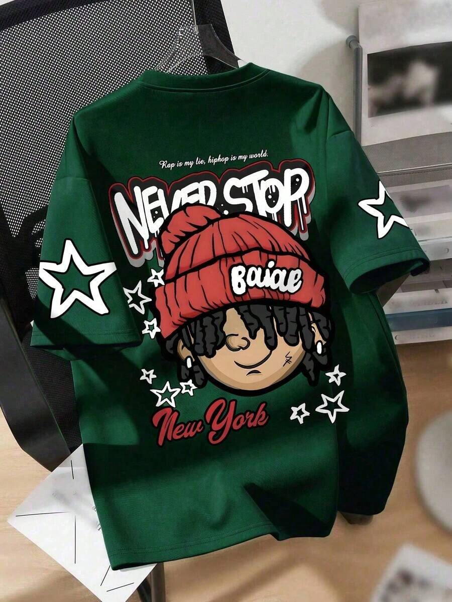 1 Urban Hip-Hop Style Short-Sleeved T-Shirt For Kids, Featuring A "NEVER STOP" Graffiti Print, Essential For Everyday School Wear. - Green - View 1