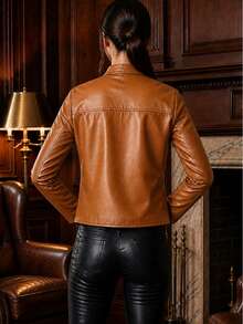 Women's Faux Leather High Neck Premium Winter Jacket, Elegant, Stylish, Cute, Casual, PU Leather, Zipper Jacket, Night, Vacation, Daily - Lạc đà - Xem 2