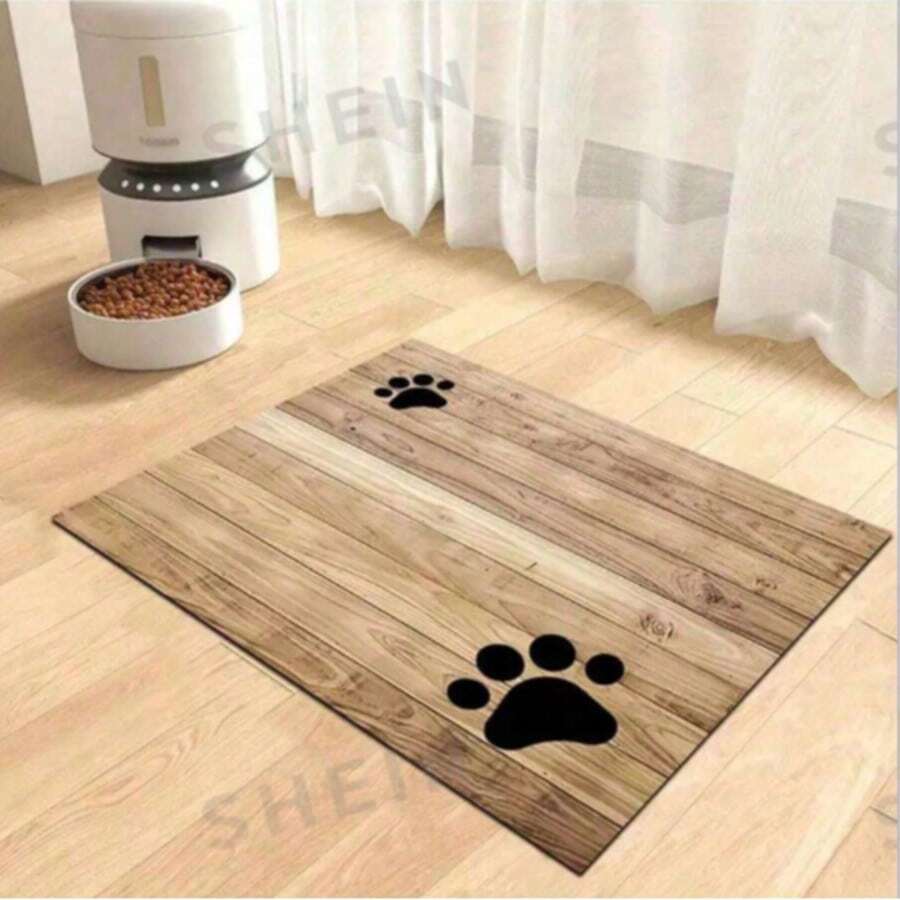 1pc Wood Grain Paw Print Pattern, Suitable For Cats, Dogs And Other Small Animals, Durable, Non-Slip, Absorbent, Stain-Resistant, Cat Pet Food Bowl Water Bowl Mat, Home Decor Kitchen Floor Mat, Pet Supplies - Multicolor - View 1
