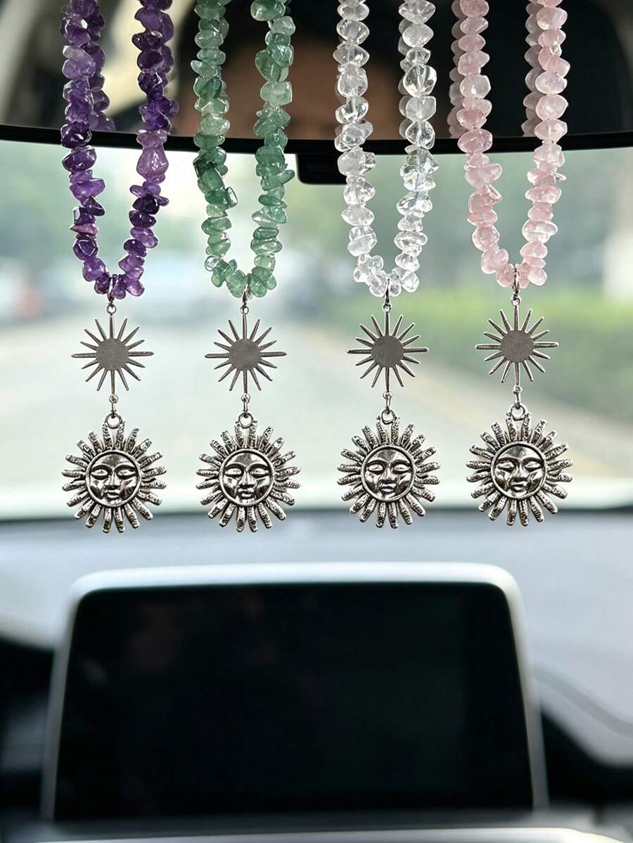 Adorno colgante de coche de grava de cristal natural, colgante de sol de aleación retro, decoración de espejo retrovisor para decoración interior de coche de hombres y mujeres - A - Ver 1