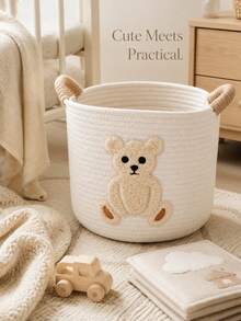 1pc Cute Bear Embroidered Pattern Baby Room Storage Basket With Handle, Nursery Room Storage Basket, Diaper & Bottle Storage Organizer, Multi-Function Storage Basket - Multicolor - View 1