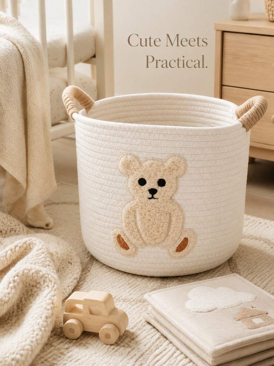 1pc Cute Bear Embroidered Pattern Baby Room Storage Basket With Handle, Nursery Room Storage Basket, Diaper & Bottle Storage Organizer, Multi-Function Storage Basket - Multicolor - View 1