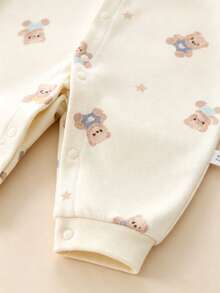 Newborn Baby Cute Cartoon Animal Print Front Button Romper, Infant Long Sleeve Jumpsuit, Suitable For Spring/Autumn Outdoor & Indoor Wear - Apricot - View 6
