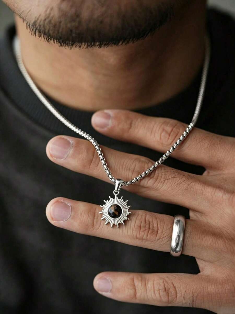 1pc Unique Tiger Eye Stone & Sunflower Stainless Steel Pendant Necklace, Suitable For Men's Daily, Festival, Party Wear - Silver - View 1