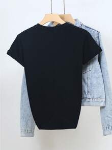Disney Licensed, Best-Selling Women's Print: Minnie Mouse Head, Diamond Sparkle, Bow, Fashionable And Cute Printed Short-Sleeved Crew Neck T-Shirt. Crew Neck, Casual, Comfortable, Stylish, And Versatile, Suitable For Spring, Summer, And Autumn. Optimistic Design, Elastic Fabric. - màu đen - Xem 2