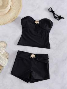 Conjunto de bikini bandeau elegante negro para mujer de Bonvoyette con tirantes desmontables, traje de baño de dos piezas con cintura alta estilizadora 2026 con adorno de concha, top bandeau y shorts tipo boy, ropa de playa minimalista y elegante para vacaciones de verano, resort y fiestas en la piscina - Negro - Ver 3