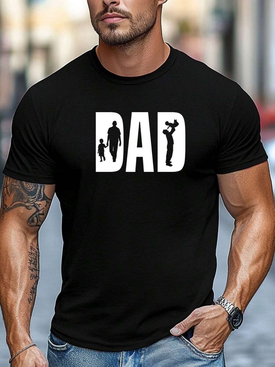 Camiseta masculina 100% algodão com estampa gráfica de pai e filho, manga curta, 180g, respirável, gola redonda, ideal para o verão. Camiseta casual de algodão para o dia a dia, perfeita para presentear o pai. - Preto - Ver 1