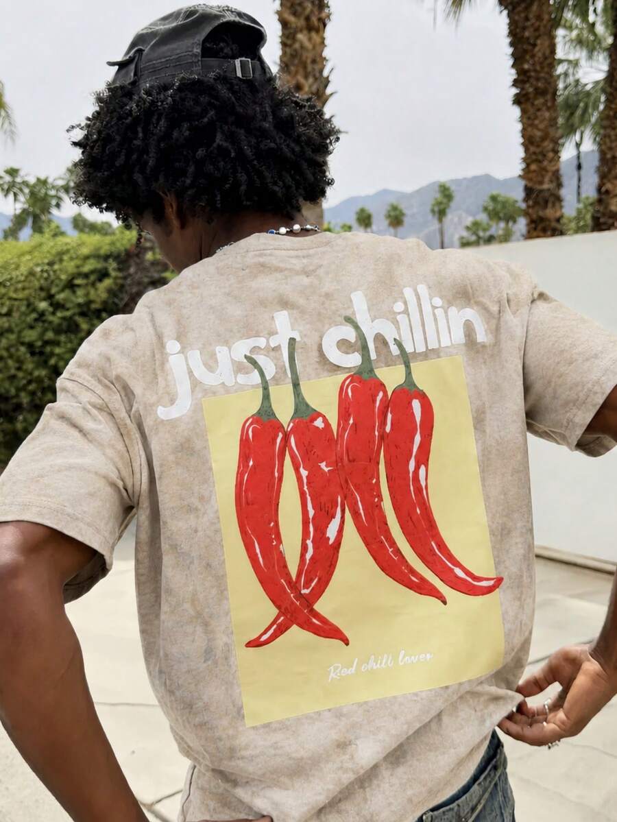 Áo thun nam Fractyr "Just Chillin" in hình ớt ở mặt trước và mặt sau, chất liệu mềm mại, màu mơ nhạt, kiểu dáng thường ngày, phong cách đường phố cổ điển. - Màu be - Xem 1
