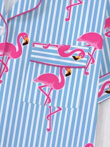 2pcs/Set Conjunto de Pijama para Mujer, Estampado de Flamenco a Rayas, Ropa de Estar en Casa para Mujer, Conjunto de Primavera/Verano para Vacaciones, Conjunto de Top con Cuello y Pantalones Cortos de Manga Corta Adecuado para Uso en Exteriores - Multicolor - Ver 8