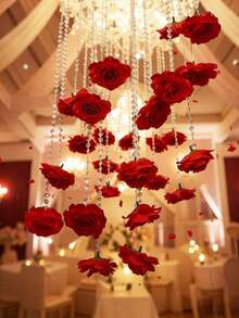 21pcs Rangkaian Bunga Mawar Merah Gantung Bentuk Air Terjun, Mawar Buatan Berhiaskan Manik Kristal, Cocok untuk Hari Valentine, Pesta Pernikahan, Pesta Lajang, Pesta Ulang Tahun, Dekorasi Taman Rumah - Merah - View 4