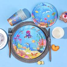 10/20/30/60pcs Ocean Theme Disposable Party Tableware Set - Octopus & Fish Pattern Paper Plates And Cups, 9-Inch And 7-Inch Birthday Party Plates And 9oz Cups, Suitable For Underwater Theme Party, Ocean Animal Birthday Decor, Underwater Creature Party Supplies - View 5