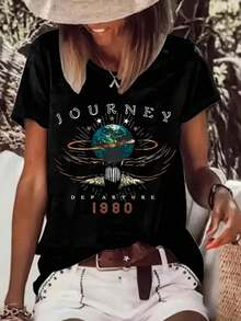 Women's Vintage Printed T-Shirt 'Journey Departure' From 1980, Casual Short Sleeve Fashion, Summer 2026, Comfortable Fit, Round Neck - 黑色 - 查看 7