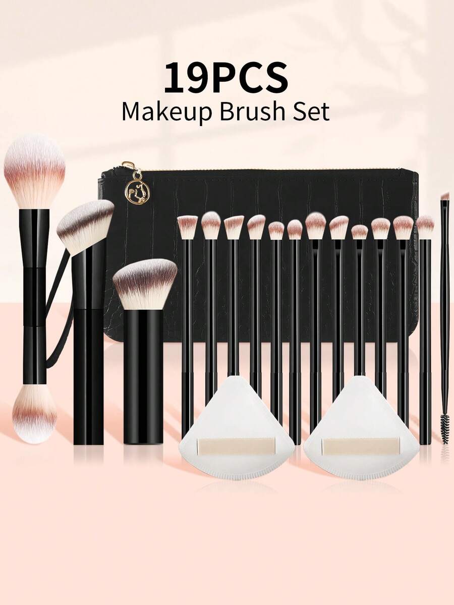 ronshadow 19件套化妆刷套装 + 三角化妆海绵 + 鳄鱼纹收纳袋,包含散粉刷、腮红刷、斜角修容刷、扁平粉底刷、眼影刷、晕染刷、遮瑕刷、斜角眉刷、螺旋眉刷,刷毛柔软,适合初学者使用,全脸化妆套装 - 彩色 - 查看 1