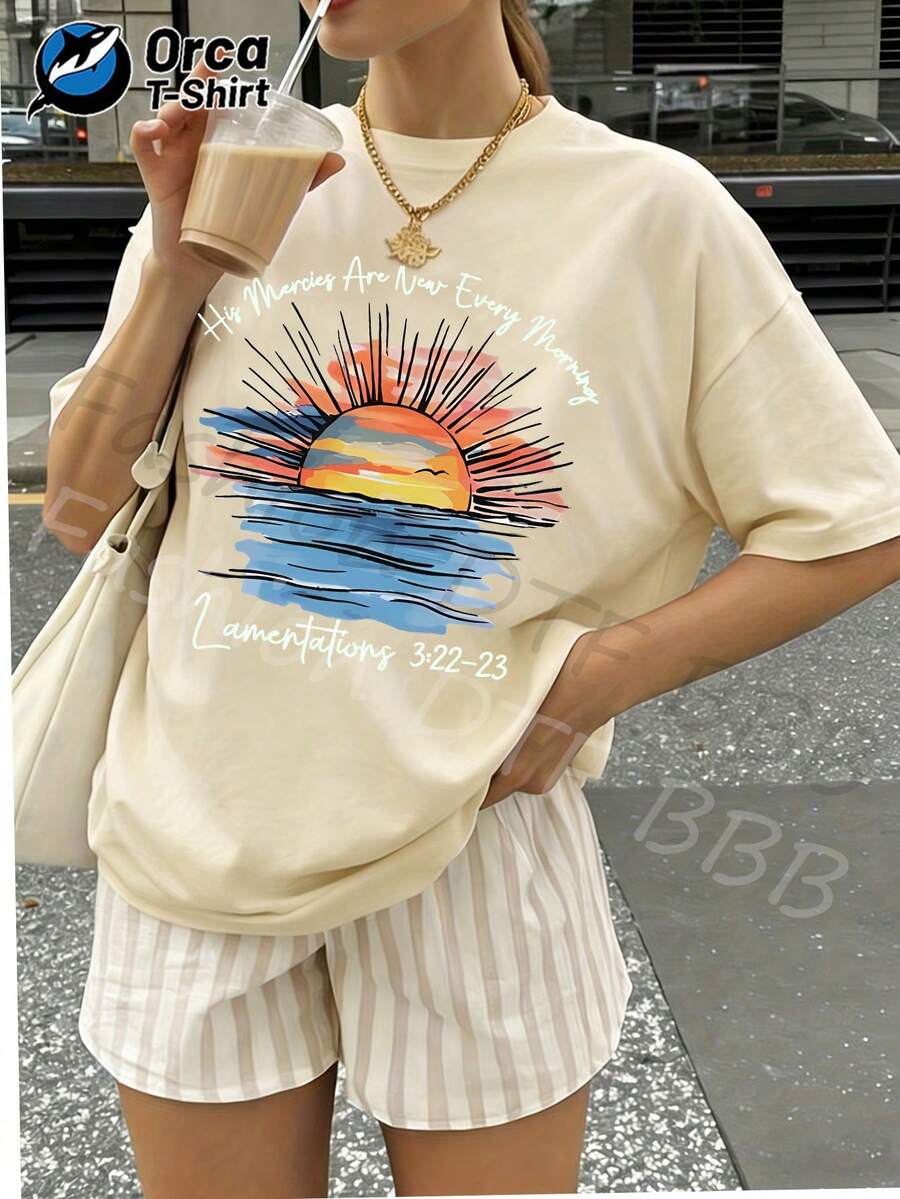 Women's Casual Summer T-Shirt, New Collection, Sunrise And Script Print, Regular Fit, 100% Cotton, 180 Gsm, Orca Brand. Suitable For Summer Leisure, Outdoor Activities, Sports, Vacations, Gifts, And Other Occasions. - 杏色 - 查看 1