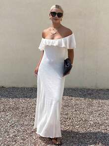 Vestido ajustado de cuello redondo sin mangas con dobladillo con volantes, adecuado para fiesta, playa, vacaciones, verano - Albaricoque - Ver 5