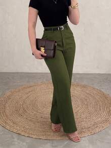 Bộ vest màu trơn, quần ống đứng có khóa kéo và túi, thanh lịch, thích hợp cho công sở, đi làm, mặc thường ngày, mùa xuân/hè. - xanh quân đội - Xem 2