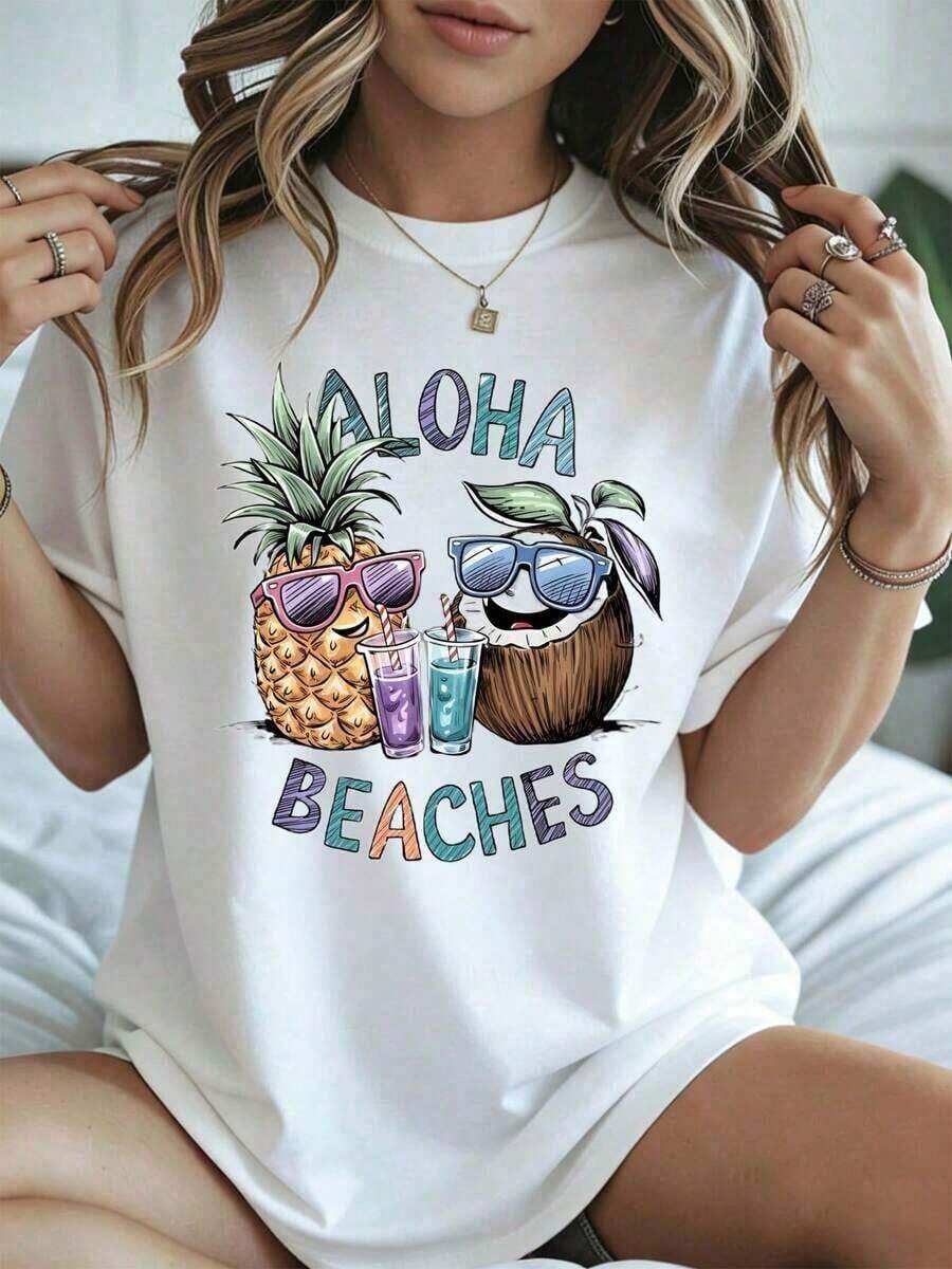Elegant And Casual Women's Short-Sleeved Summer Top With A Pineapple And Coconut Print, Perfect For An Aloha Beach Getaway. Features Sunglasses And Drinks. Ideal As A Gift. This Women's Top Is Stylish, Boho Chic, And Soft, Breathable, And Comfortable, Making It Perfect For Spring, Summer, And Fall. Ideal For Vacations, Travel, And Everyday Wear. - 白色的 - 查看 1