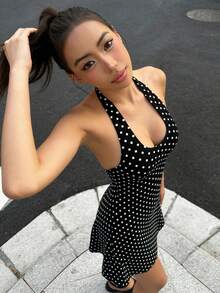 YeonC 女款無袖露背圓點針織洋裝 性感露背高彈性修身A字裙 女款派對宴會洋裝 女款約會洋裝 - 黑色 - 查看 5