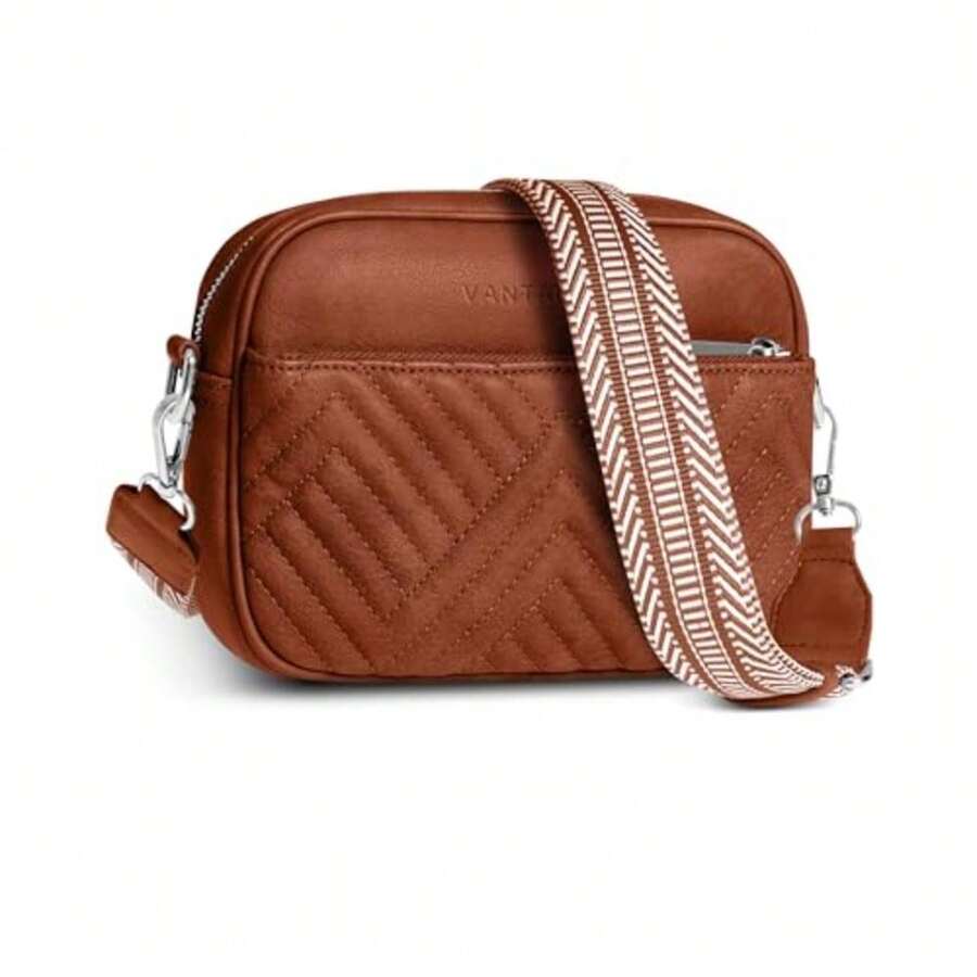 Premium Quilted Crossbody Bags For Women With Anti-Pickpocket Clip, Vegan Leather Handbags, Travel Purses For Women - 棕色提花肩帶 - 查看 1