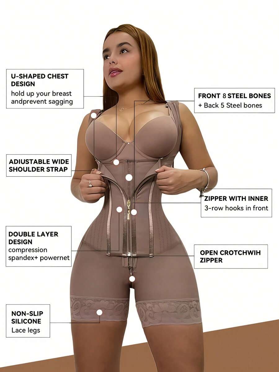 [[Solid Color Shaping Bodysuit] Adjustable Shoulder Straps For Abdominal Control Shaping Bodysuit | High Compression Elastic Fiber Strong Support Abdominal Shaping Bodysuit, Double-Layer Zipper+Buckle Design Suitable For Casual And Sports Occasions, Elegant Design With Strong Support Lines, Waist Trainer - 玫瑰紫色 - 查看 1