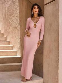 xheOpulessa 1 pieza Vestido de fiesta formal de punto de un solo color con cuello en V y manga larga con cola de pez para mujer, para vacaciones en otoño e invierno, boda, fiesta de cócteles y navidadxhe - Rosa Pálido - Ver 3