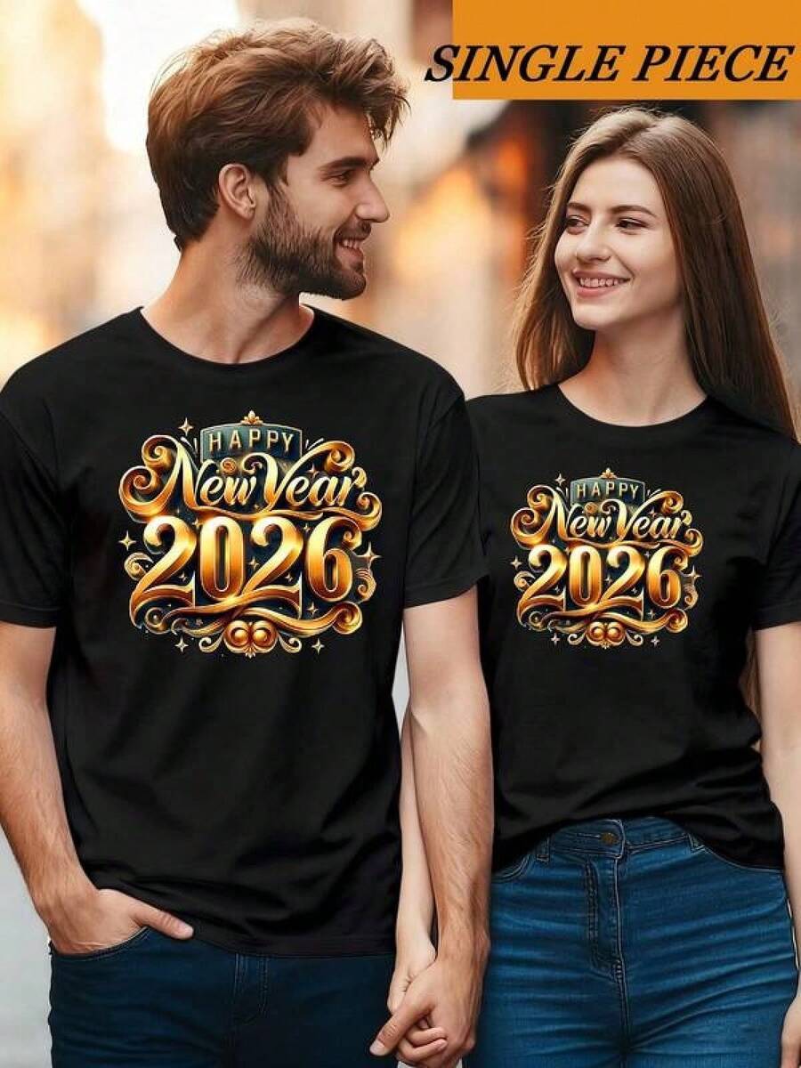2026 Matching New Year Couple T-Shirts - Happy New Year 2026 Chinese Character And English Text Print, Casual Crew Neck Short Sleeve T-Shirt For Chinese New Year Celebrations, Suitable For All Seasons - 黑色 - 查看 1