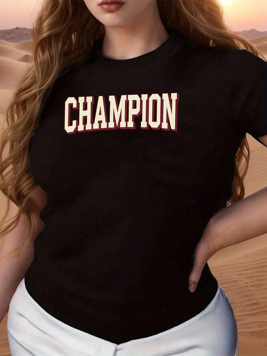 Show Off Your Winning Spirit With This Women's T-Shirt Featuring The Word CHAMPION, Symbolizing Achievement And Unwavering Dedication To Your Most Ambitious Goals. Carry The Inspiration Of Excellence And Triumph With You Wherever You Go. Made With Soft, Breathable Fabric For All-Day Comfort. The Distinctive Contrasting Text Adds A Modern And Bold Touch. Perfect For Any Casual Occasion. - 黑色 - 查看 1