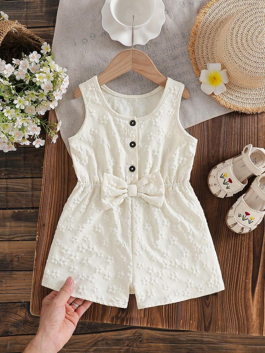Baby Girls' Cute Solid Color Round Neck Sleeveless Bow Decor Button Design Half-Placket Romper, Suitable For Home, Daily Wear And Outings, Spring/Summer