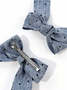 2pcs Women's Solid Color Denim Cute Bow Hair Clips, Suitable For Daily Wear,Hair Barrettes,Hair Claws - Light Blue Polka Dots - View 5