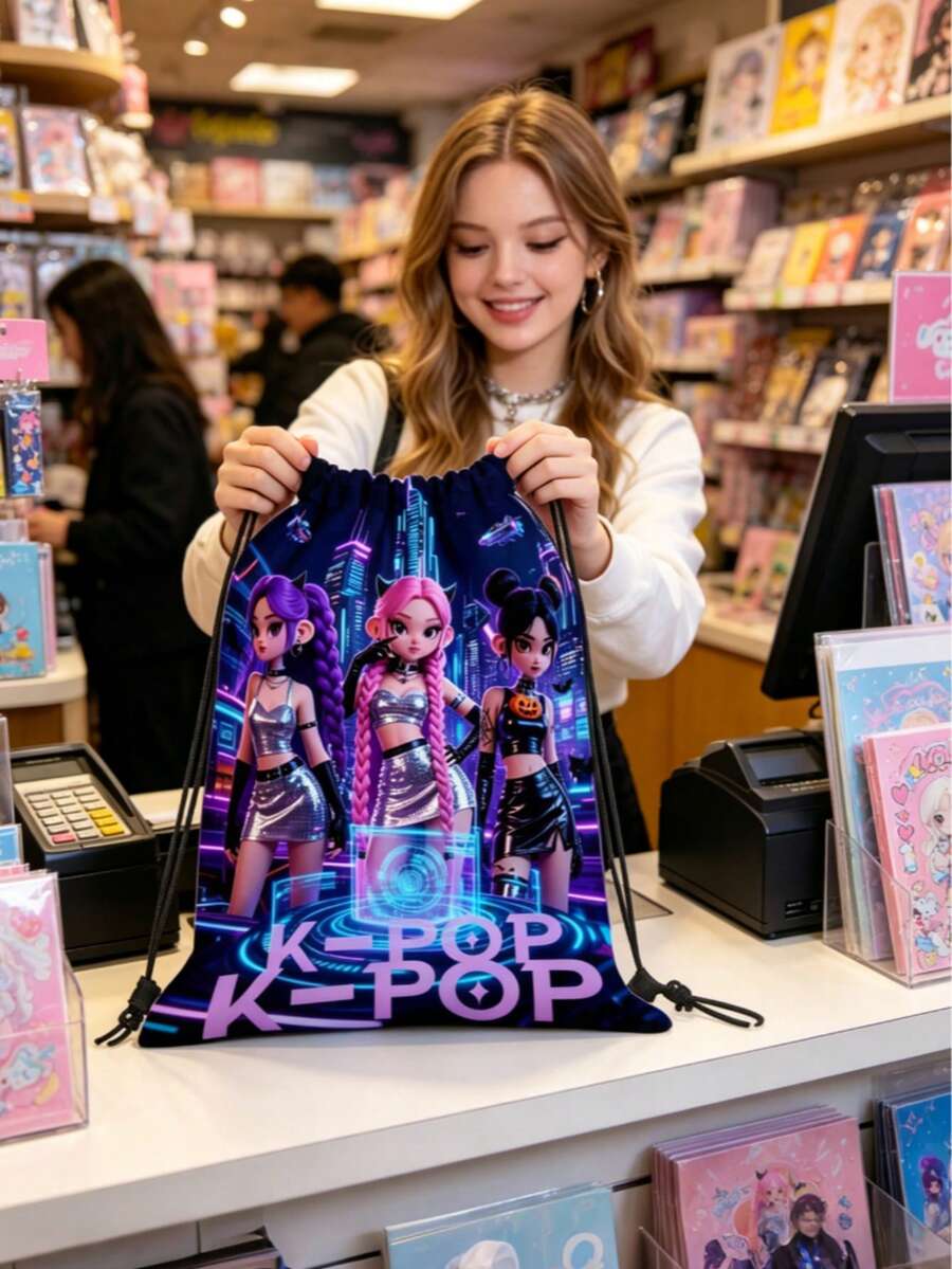 100个K-POP组合印花牛津布抽绳背包，可机洗便携式健身包，实用口袋轻便旅行包，适合送给少女粉丝的礼物，可爱可折叠背包 - 彩色 - 查看 1
