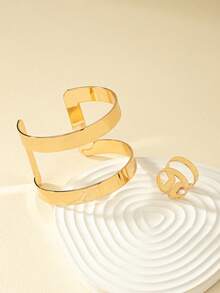 2 piezas Conjunto de brazalete y anillo geométrico hueco minimalista, adecuado para uso diario de mujeres - Anillo pulsera calado - Ver 4