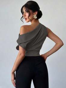 Blusa asimétrica plisada de color albaricoque, elegante y asimétrica, adecuada para el Día de San Valentín y el verano, con un estilo nuevo para la oficina/casual/vacaciones/festivales de música - Gris - Ver 2