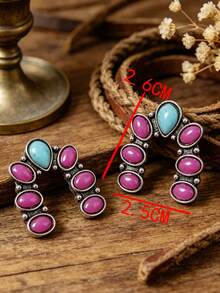 1 Pair Retro Western Style Purple & Blue Faux Turquoise U-Shaped Bohemian Earrings - Antique Silver - View 2