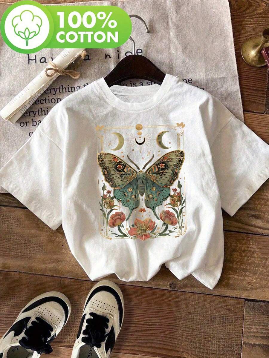 Women's Loose-Fitting Country Gothic Style T-Shirt With Butterfly And Plant Print - Short Sleeve Round Neck Top, Crescent Moon And Flower Design, Semi-Transparent Casual Shirt, Suitable For Spring And Summer, Breathable Fabric, Soft Texture, Bohemian Style Printed Shirt, Summer Clothing. - 白色 - 查看 1