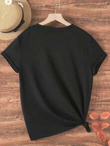 Women's Vintage Printed T-Shirt 'Journey Departure' From 1980, Casual Short Sleeve Fashion, Summer 2026, Comfortable Fit, Round Neck - 黑色 - 查看 2