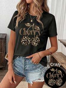 New Women's Short Sleeve Crew Neck T-Shirt, Summer Season, Cherry Blossom Leopard Print Design, Limited Season Women's T-Shirt, Breathable And Sweat Absorbing. - 黑色 - 查看 2