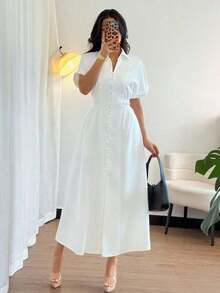 Vestido camisero casual de mujer con botones delanteros, mangas raglán y cintura ajustada - Blanco - Ver 1