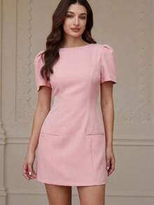 Vestido de manga larga de unicolor con bolsillo plisado, diseño de moda casual - Rojo - Ver 7