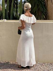 Vestido ajustado de cuello redondo sin mangas con dobladillo con volantes, adecuado para fiesta, playa, vacaciones, verano - Albaricoque - Ver 4