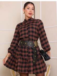 Long-Sleeved Plaid Dress With Buttons. - Rỉ Nâu - Xem 2