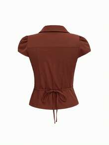 Blus Vela Rue Warna Polos Kancing Depan Lengan Pendek Leher Ikat Pinggang Pas Badan Warna Merah Bata, Pakaian Kembali ke Sekolah, Pakaian Musim Panas untuk Berpergian - Cokelat kemerahan - View 2