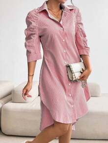 Vestido de camisa casual con pliegues y mangas 3/4 a rayas para mujer, atuendo maxi para primavera/verano - Rojo - Ver 6