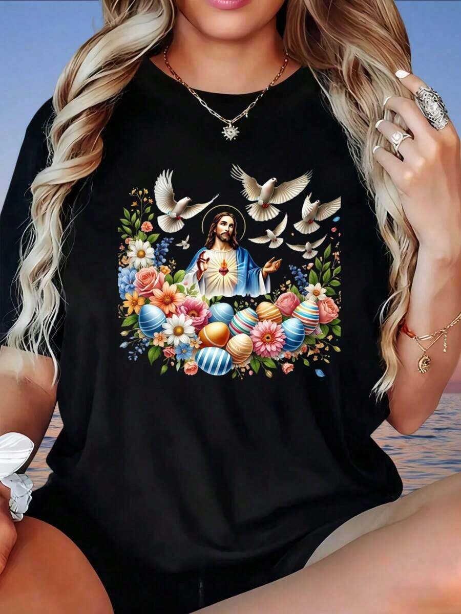 Women's Oversized Short-Sleeved T-Shirt With A Christian Religious Design Featuring The Sacred Heart Of Jesus With Doves, Flowers, And Easter Eggs. A Faith-Inspired Summer Casual Wear. Women's T-Shirt, 220g, 100% Cotton. - 黑色 - 查看 1