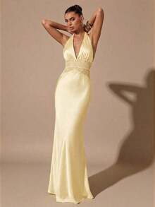 xheSHEIN  Vestido de satén negro sexy con escote en V profundo, encaje calado y parche, cola de pez, adecuado para cóctel, cita romántica, reunión, evento formal, vestido de dama de honor, vestido de noche, Navidad, Año Nuevo, San Valentín, té, vestido negro, vestido negro pequeñoxhe - Amarillo - Ver 4