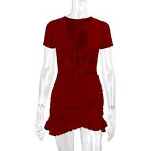 Vestido sexy escote profundo con calados y volantes, ajustado, bestseller femenino - Burdeos - Ver 7