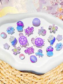 20件紫色海洋系列鞋飾（章魚、水母、海龜、貝殼、魚、星星），適用於穿孔拖鞋DIY裝飾配件，完美禮物選擇 - 紫色 - 查看 5